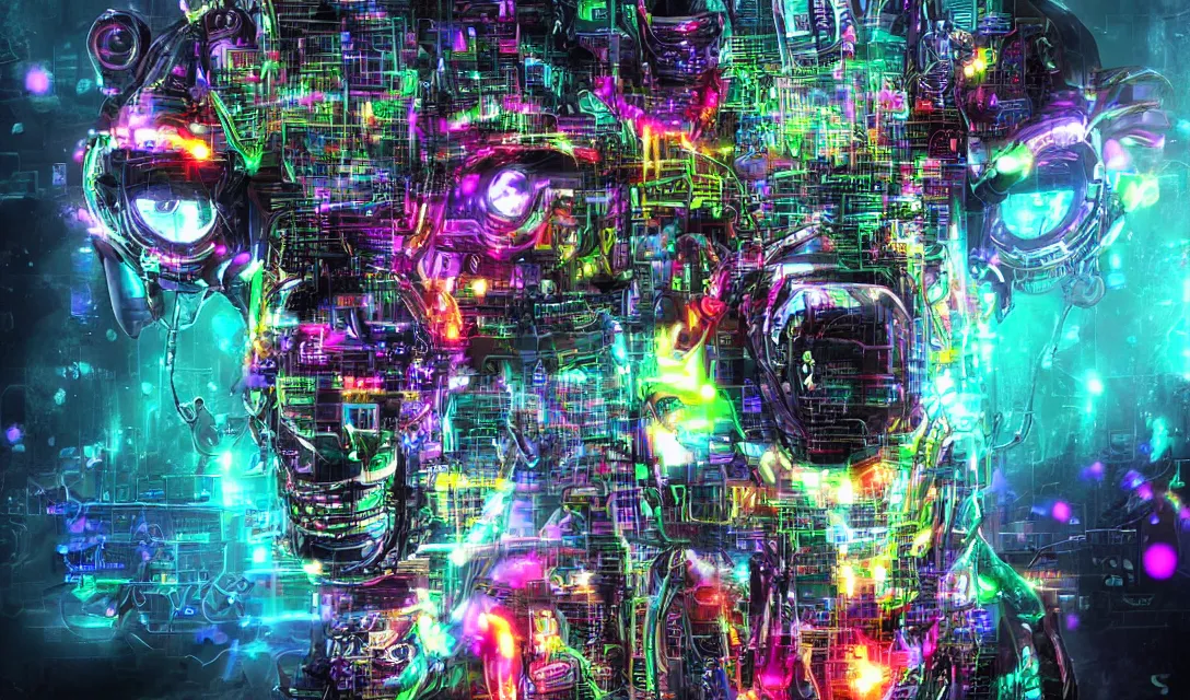 Image similar to complex cyberpunk machine background merged with evil cybernetic goat head in center focus, multicolored digital art