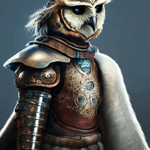 Image similar to a portrait of an owlknight, wearing a knight armor and a cape, fantasy artwork, colors, hyper detailed, realistic lighting, octane render, 4 k,