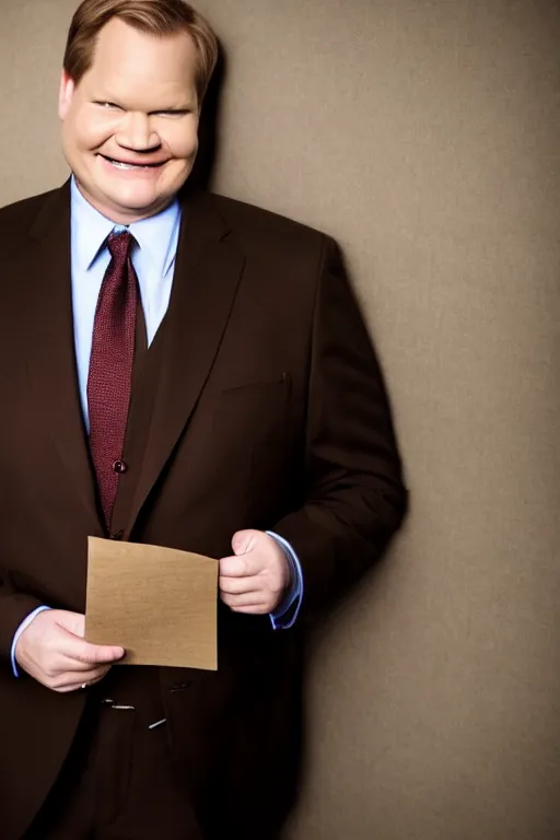 Prompt: full length body shot, andy richter wearing a brown suit and necktie and black boots, ultra hd photo, 3 5 mm close up, fish eye, realistic, smiling, holding a postcard from chicago,