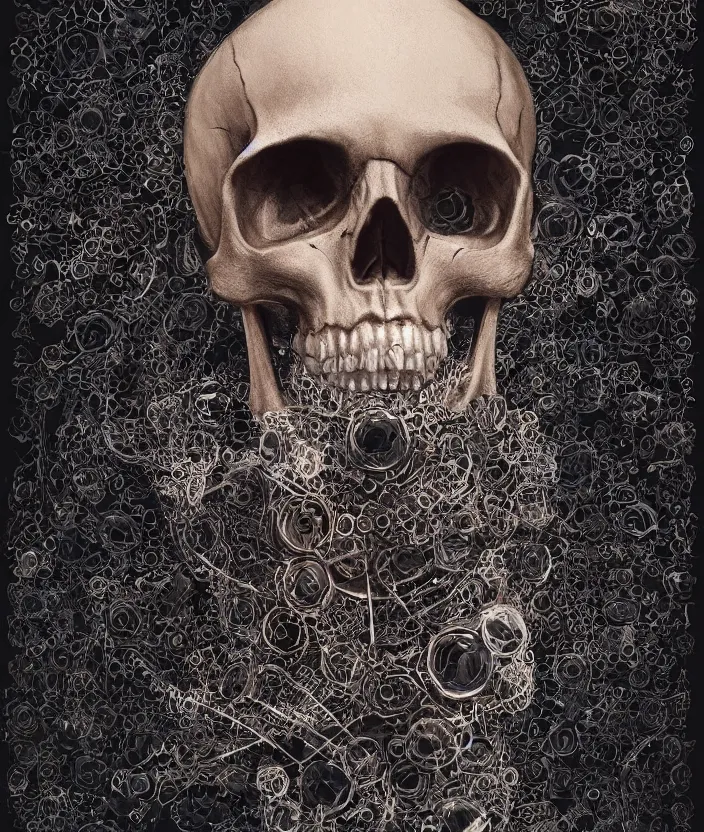 Image similar to portrait of a skull in a suit. intricate abstract. intricate artwork. nightmare fuel. by Tooth Wu, wlop, beeple, dan mumford. octane render, trending on artstation, greg rutkowski very coherent symmetrical artwork. cinematic, hyper realism, high detail, octane render, 8k, iridescent accents