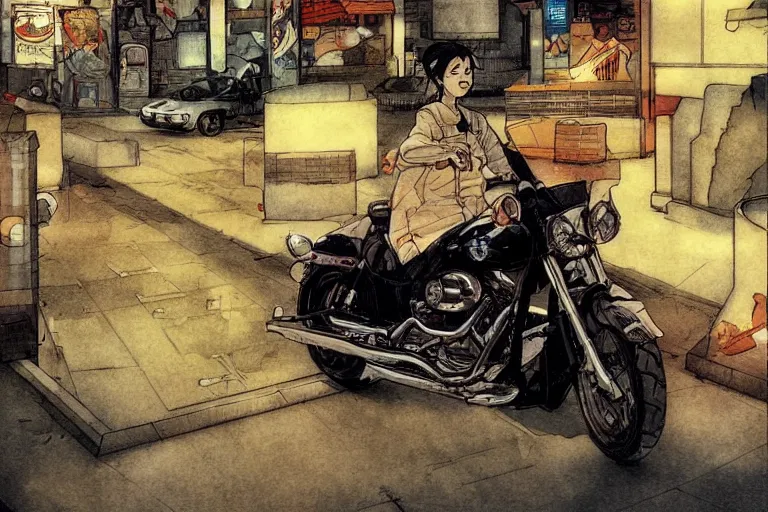 Prompt: harley davidson in a quiet town, art by satoshi kon, portrait, soft colors