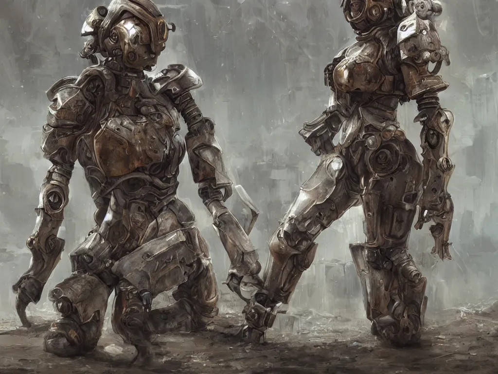 Prompt: futuristic female paladin in rusty power armor kneeling, post - apocalyptic, highly detailed painting, wlop