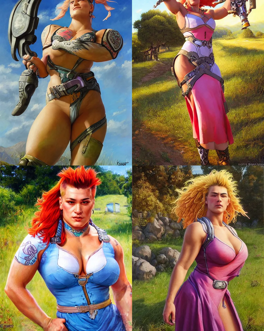 Prompt: portrait, zarya from overwatch wearing a beautiful summer dress in the countryside, by greg staples and jeff easley, bulky strong beautiful scene, hyperrealistic, intricate, summer day, sunlight, cheerful, soft lighting, detailed