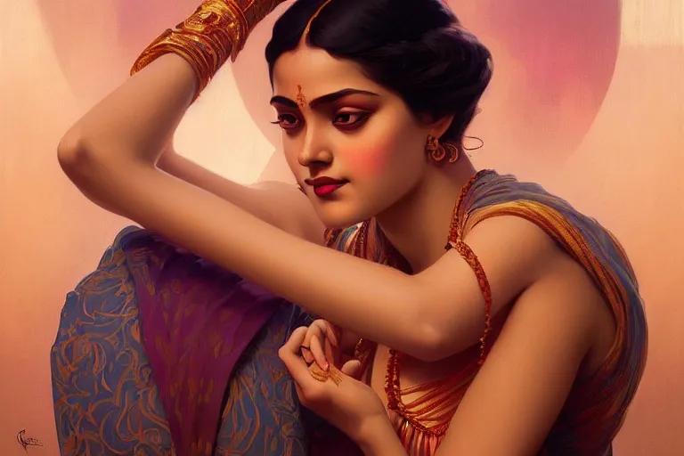 Image similar to sensual bengali girl, art deco portrait, elegant, intricate, digital painting, artstation, concept art, smooth, sharp focus, illustration, art by artgerm and greg rutkowski and alphonse mucha