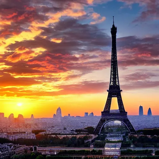 Image similar to flying dragon over the eiffel tower, paris, sunset, flying dragon, smaug