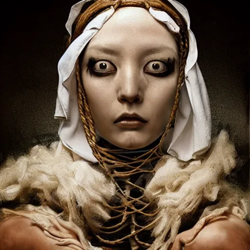 Prompt: portrait of a Shibari rope wrapped face and neck, headshot, insanely nice professional hair style, dramatic hair color, digital painting, of a old 15th century, young cyborg Rubber Nun, amber jewels, baroque, ornate clothing, scifi, realistic, hyperdetailed, chiaroscuro, concept art, art by Franz Hals and Jon Foster and Ayami Kojima and Amano and Karol Bak,