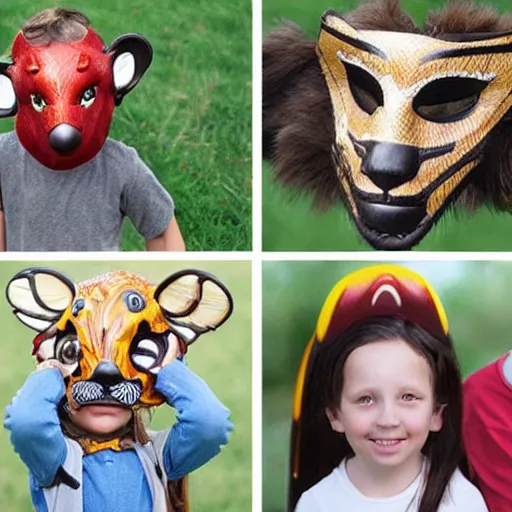 Image similar to photo realistic children on a playground wearing different animal masks,