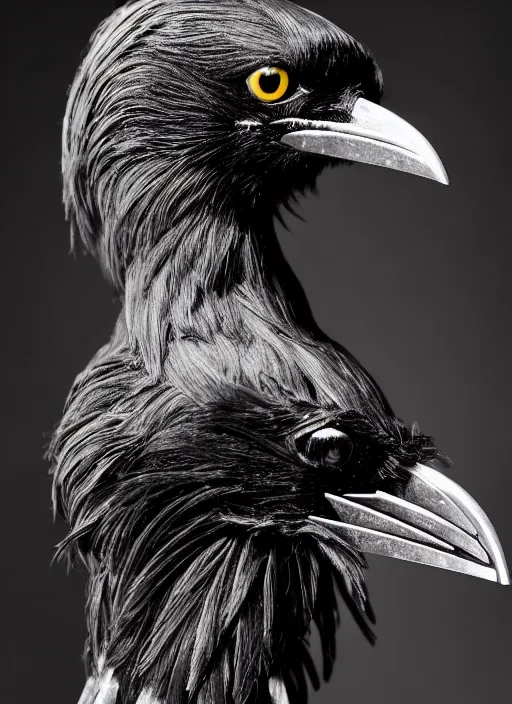 Image similar to a stunning young female crow mixed cyborg profile face, face is made intricate tribal bio - mechanical, editorial photography, bw, shot on 7 0 mm, depth of field, f / 2. 8, high contrast, 1 6 k, volumetric lighting, shiny, insanely detailed and intricate, hypermaximalist, elegant, ornate, hyper realistic, super detailed