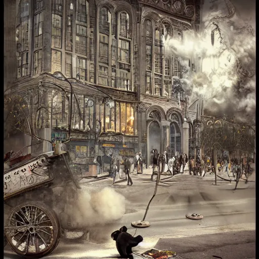 Image similar to a chimpanzee picking up pennies in a city street with a steam roller headed towards him, depth of field, fashion photoshoot by nicoletta ceccoli, mark ryden, lostfish, dan decarlo, bob clampett, max fleischer, breathtaking, detailed and intricate environment, 8 k resolution, hyperrealistic, octane render