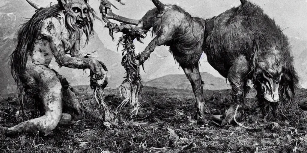 Prompt: historical photograph of a man turning into a grotesque monster with goathorns and roots growing from his face in a pasture in the alps