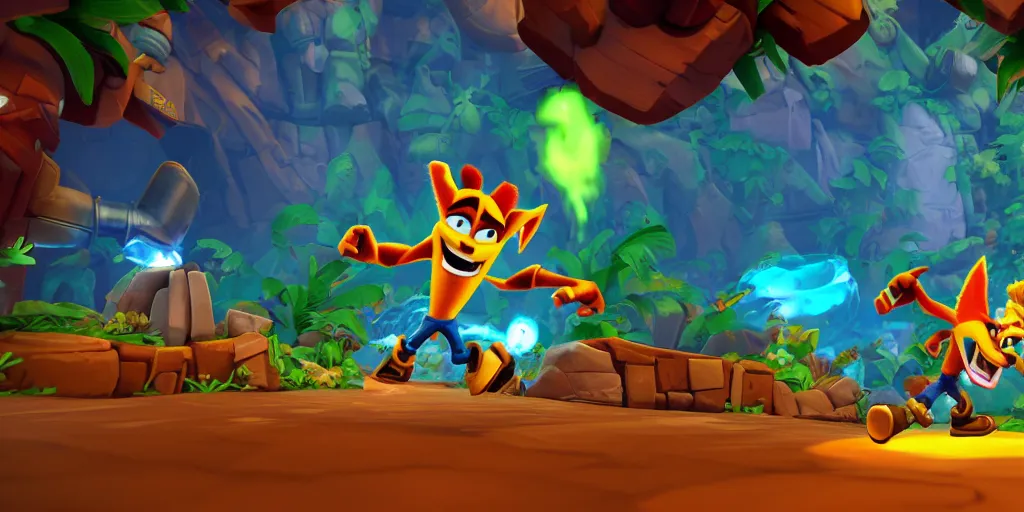 Image similar to crash bandicoot in the style of ratchet and clank rift apart game screenshot