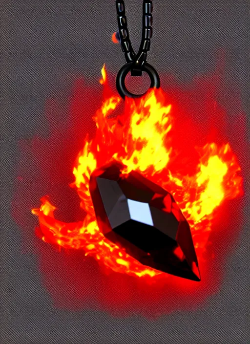 Image similar to rpg item, a black necklace with a bright red crystal pendant in flames, Unreal 5, DAZ, hyperrealistic, rpg style, octane render, dynamic lighting