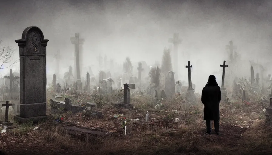 Prompt: Man in black trench coat and long hair standing in front of a grave in an abandoned cemetery, grey sky, light fog, hyperdetailed, artstation, cgsociety, 8k