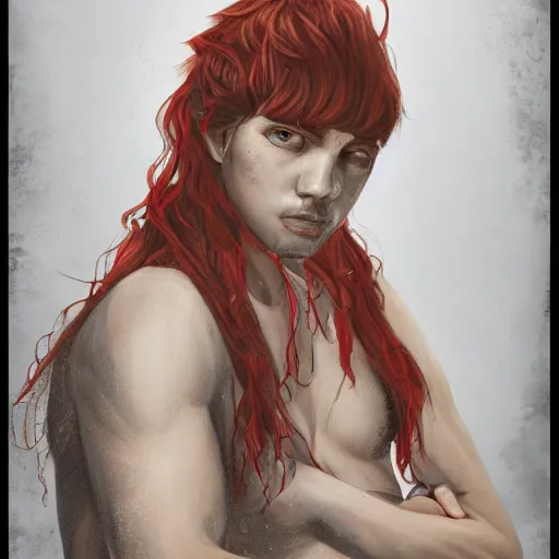 Image similar to portrait of a teen boy with long red hair and a lot of freckles and muscular, intricate, highly detailed, digital painting, artstation, sharp focus, illustration