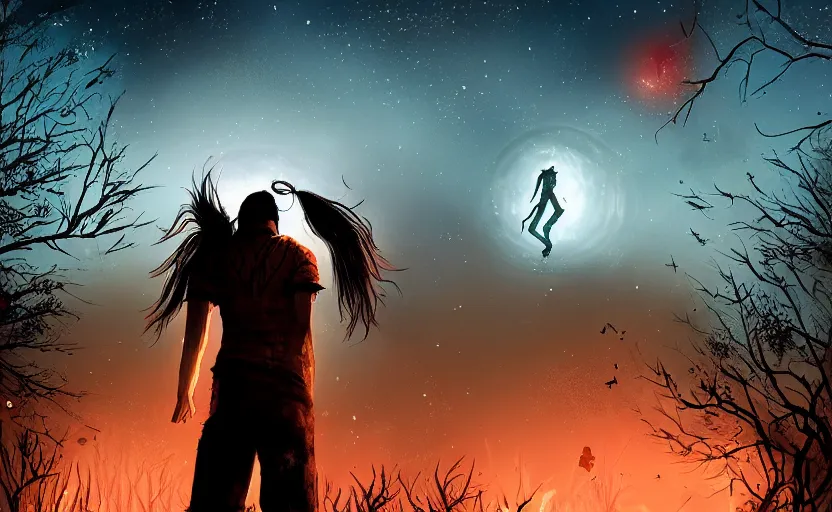 Image similar to view from behind a dead by daylight killer with long hair reaching up to a night sky, stars aligning, character portrait, digital art