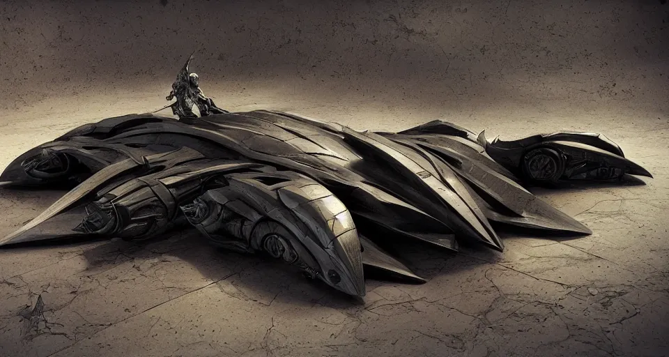 Prompt: The Batmobile Designed By Moebius Yasushi Nirasawa and HR Giger, full body action pose, hyperrealistic, octane render, HDR, volumetric lighting,