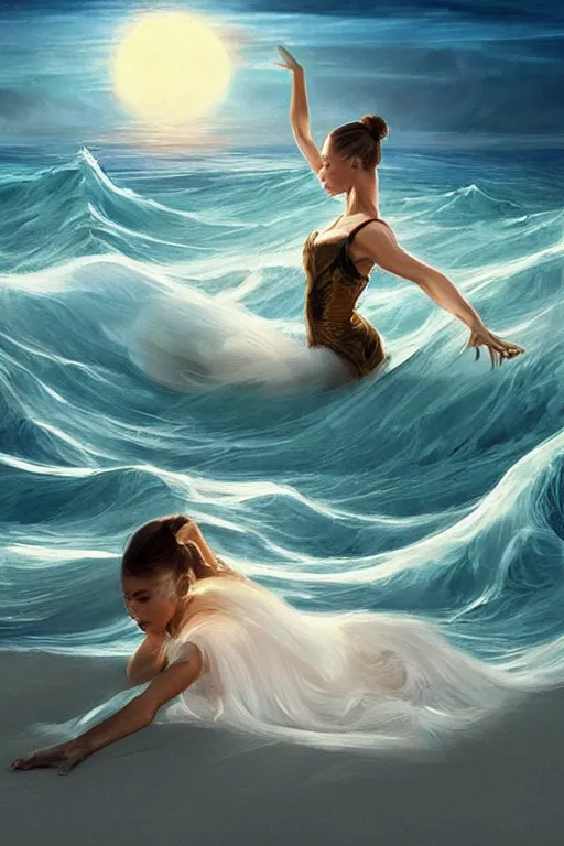 Image similar to a ballet dancing Sofía Vergara as a heroine with a dress inspired by the great wave off kanagawa on the beach at sunrise, digital painting, artstation, concept art, smooth, sharp focus, illustration, in-frame, centered, art by artgerm and donato giancola and Joseph Christian Leyendecker, Ross Tran, WLOP