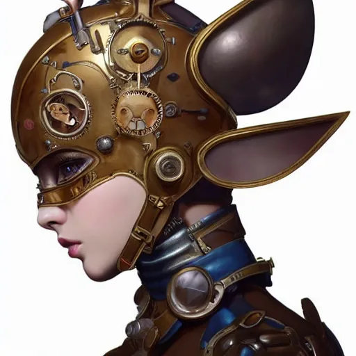 Prompt: ilya kuvshinov, curiosities carnival, soft paint of a single bald beautiful female in a full steampunk armor, rabbit - ear helm, symmetry accurate features, focus, very intricate ultrafine details, award winning masterpiece