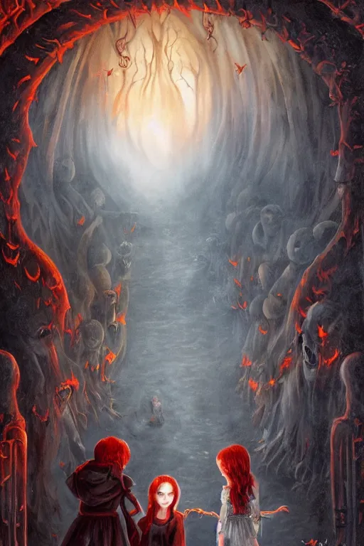 Prompt: Lost souls entering the gates of hell, fire, cheeky devil, eerie, sinister, horror, illustrated byAdrien Borda and Anne Stokes, 4k, 8k