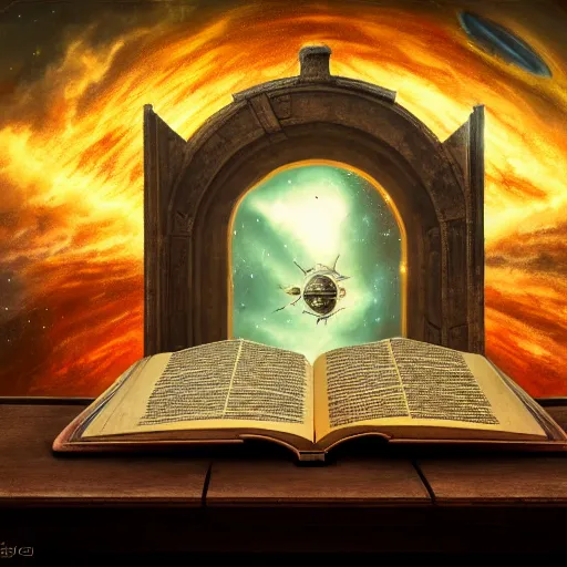 Prompt: front facing symmetrical shot of an ancient book on a vintage table in space, concept art, sci - fi illustration, painting, realistic,, radiant light, detailed and intricate environment, 8 k, h 6 4 0