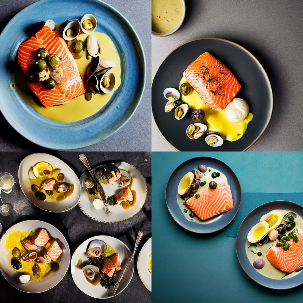 Prompt: salmon, olives, custard, clams, food photography, award winning, michelin star restaurant