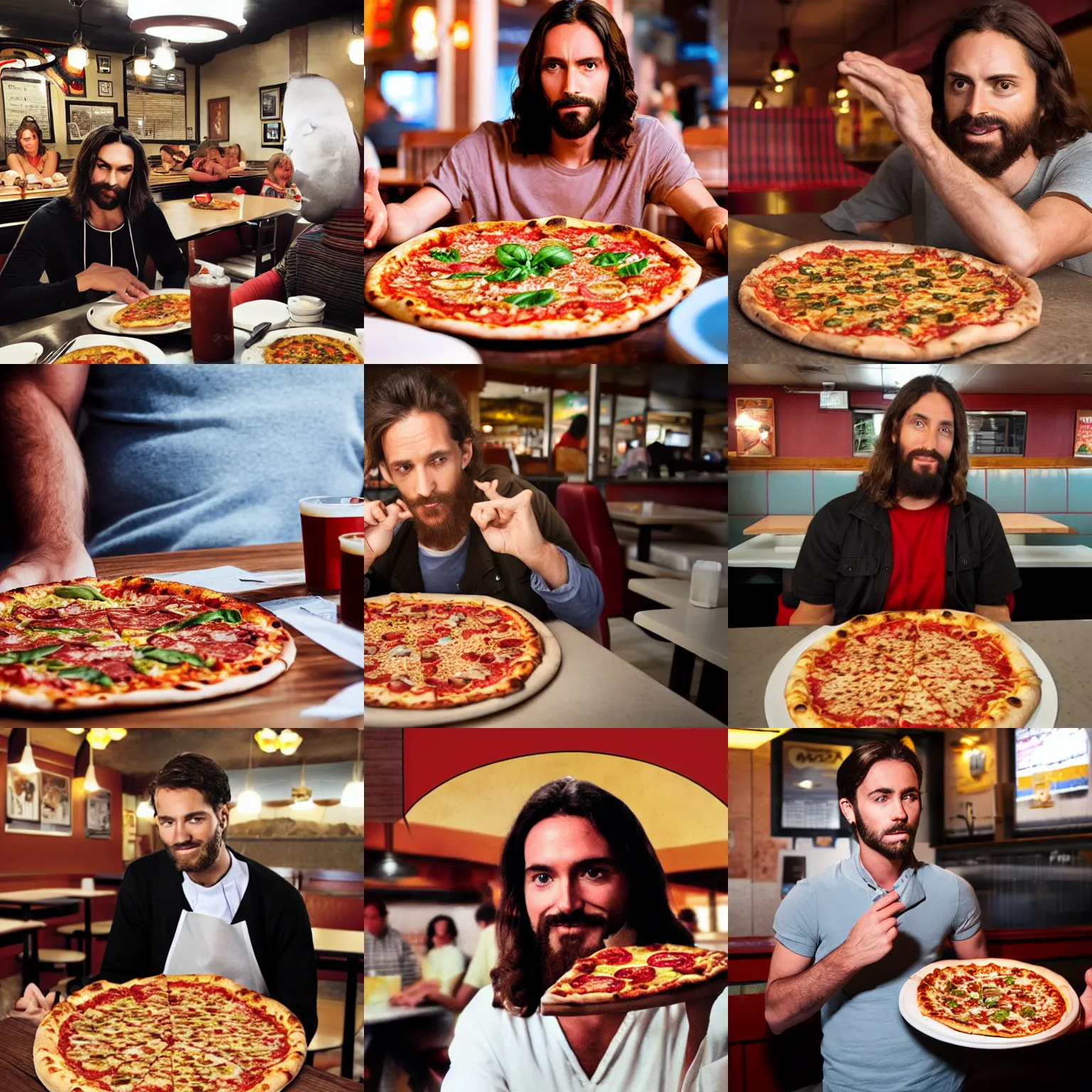 Prompt: Jesus Christ in a pizza restaurant, photograph