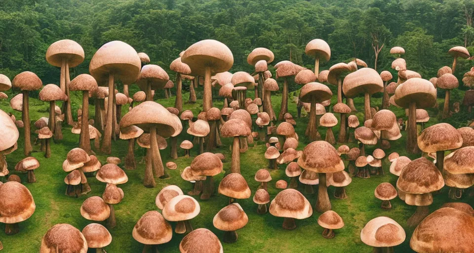 Image similar to A tribal village in a forest of giant mushrooms, by Wes Anderson,