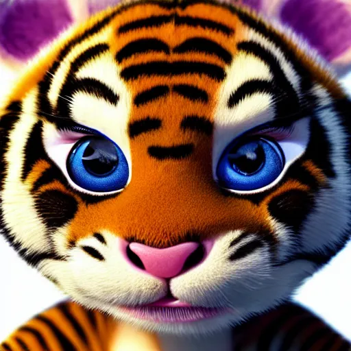 Image similar to a cute baby tiger cub, big eyes, soft fur texture, pastel colours, colorful, glitter crystals, cute, pixar animation style, detailed, soft light, octane render, 4 kb - w 6 4 0