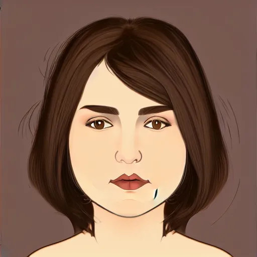 Prompt: chubby brunette woman with straight hair in a short bob, round face, romanian heritage, brown eyes, olive skin, bulbous nose, big chin, no bangs, digital art, cartoon, 8k, illustration, art nouveau, Alphonse Mucha, trending on artstation, medium shot, head shot