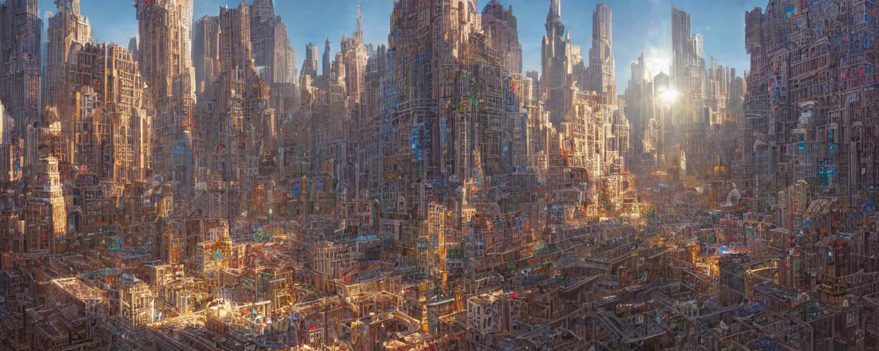 Image similar to a city made entirely out of Rubik\'s cubes, daylight, sunlight, lens flare, highly detailed, digital painting, artstation, concept art, smooth, sharp focus, 8k, photorealistic, 25mm f/1.7 ASPH Lens, ultra realistic steampunk illustration, art by greg rutkowski and alphonse mucha