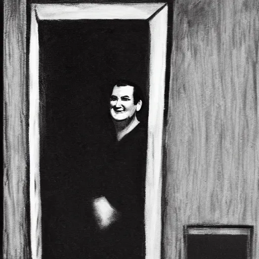 Image similar to Ted Cruz with a wide grin wielding a hatchet peaking through a door in the distance at the end of a narrow corridor, black and white, creepy lighting, scary, horror, ornate, eerie, fear, oil painting