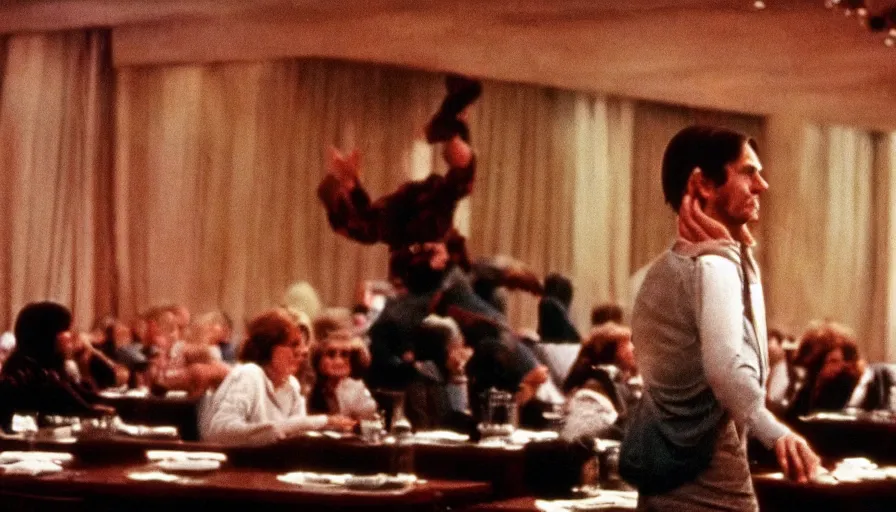 Image similar to 70s movie still of a man with elongated arms in a soviet ballroom, eastmancolor, heavy grain, high quality, higly detailed, liminal space