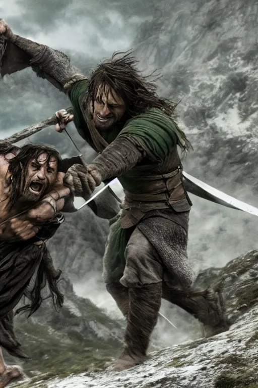 Prompt: aragorn fighting orc on a mountain, 4k,