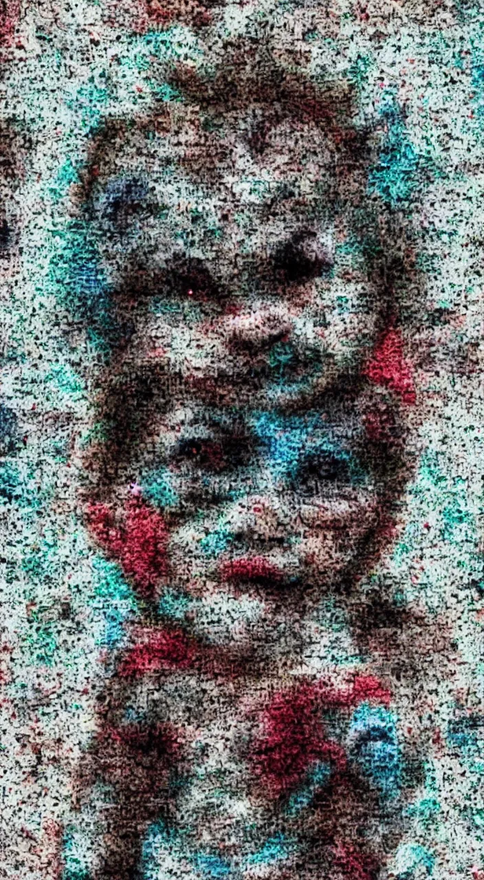 Prompt: pixel sorting in the style of screaming chucky doll, underexposed film, color film grain, ultra realistic