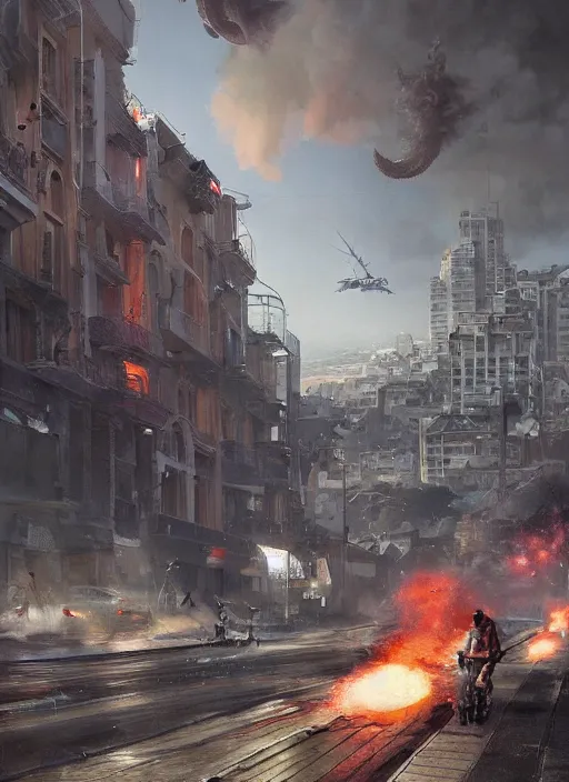 Image similar to hyper realistic squid robot attacking cape town city, table mountain explosions, atmospheric beautiful details, strong composition drawn in ink by kim jung giu weta studio rutkowski, james gurney and greg rutkowski, and lucasfilm