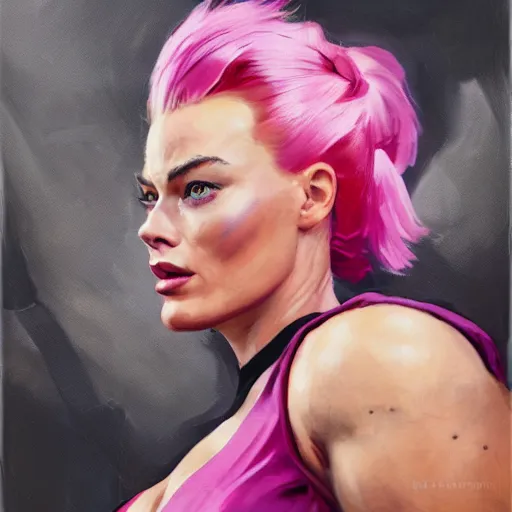Image similar to greg manchess portrait of margot robbie as very happy thick muscular female bodybuilder zarya from overwatch with pink hair in disco elysium, fantasy, medium shot, asymmetrical, profile picture, organic painting, matte painting, bold shapes, hard edges, street art, trending on artstation, by huang guangjian and gil elvgren and sachin teng