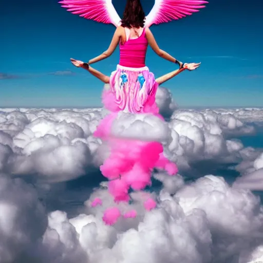 Image similar to goddess wearing a flamingo fashion on the clouds, photoshop, colossal, creative, giant, digital art, photo manipulation, clouds, sky view from the airplane window, covered in clouds, girl clouds, on clouds, covered by clouds