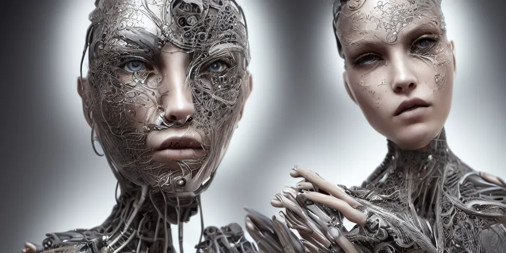 Prompt: hyper realistic photography of a stunningly beautiful cyborg female, incredibly beautiful, symmetrical face, intimate, holding close, hands, in the style of beth cavener, jin kagetsu,, and wlop, highly detailed, intricate filigree, masterpiece, award winning, sharp focus, concept art, ringflash lighting, ambient lighting, octane render, 8 k, artstation