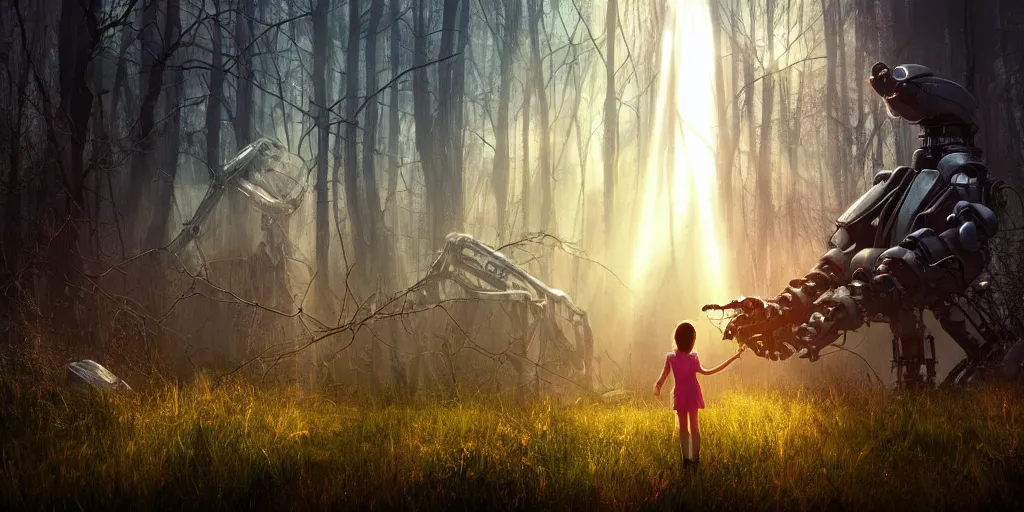 Image similar to sci - fi scene future new york, little girl holding a hand of a big robot, forest punk, crepuscular rays, epic scene, hyper realistic, photo realistic, overgrowth, cinematic atmosphere, ethereal lighting,