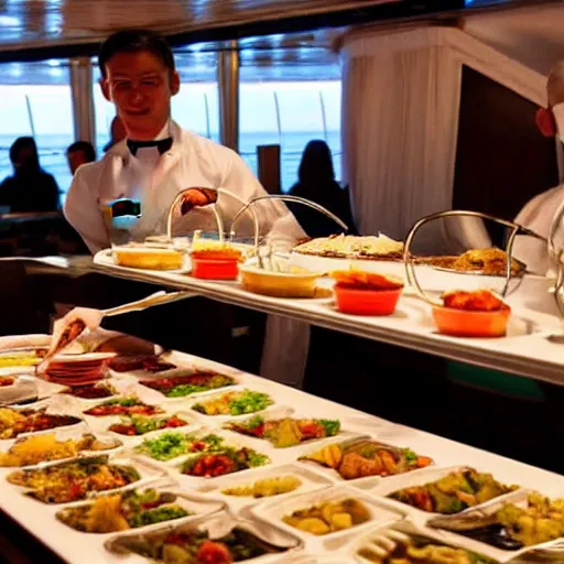 Prompt: satan filling plates of food from the buffet on a cruise liner