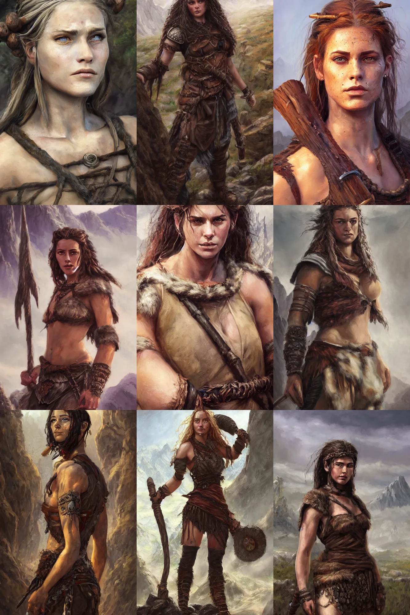 Image similar to a full body high detail fantasy portrait oil painting illustration of a beautiful young rugged stoic barbarian woman by justin sweet with face and body clearly visible, in a scenic background, pupils visible, realistic proportions, d & d, rpg, forgotten realms, artstation trending, high quality, sombre mood, artstation trending, muted colours, entire person visible!