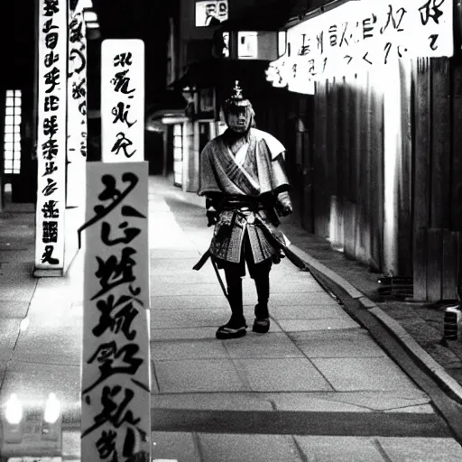 Prompt: an historic photo of a samurai, wandering through neon tokyo