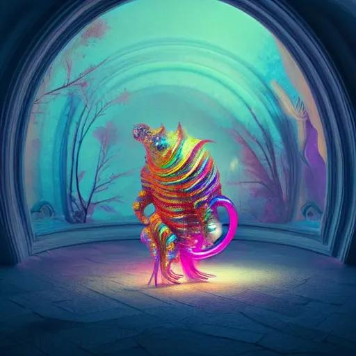 Image similar to candy iridescent creature in candyland, backlit, warm tones, bioluminescent : by michal karcz, daniel merriam, victo ngai and guillermo del toro : ornate, dynamic, particulate, intricate, elegant, highly detailed, centered, artstation, smooth, sharp focus, octane render