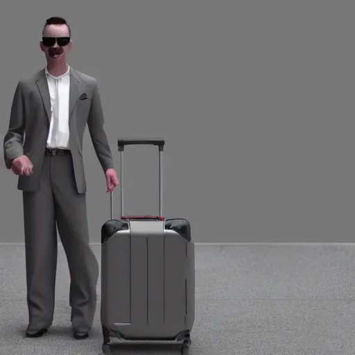 Prompt: 3D render of a donkey character in a suit and wearing cool sunglasses, next to a travel suitcase, gray background, amazing detail, artstation, octane render, 8k resolution, ray tracing