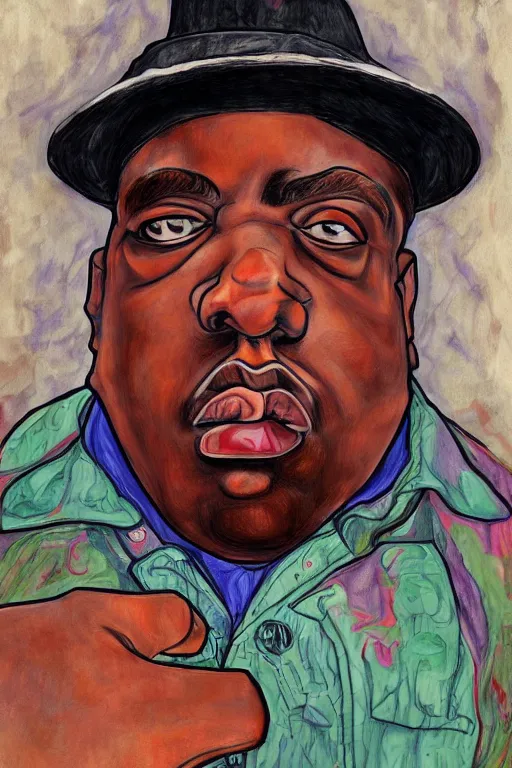 Prompt: a caricature portrait of biggie small in style of egon schiele, masterpiece, hyperdetailed, complex, intricate, 4 k, trending on artstation