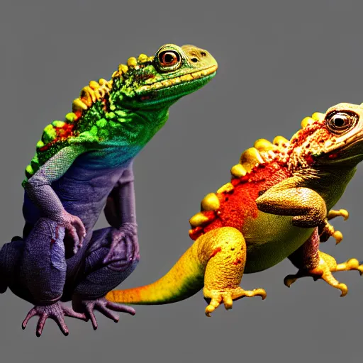 Prompt: three animals,trio, toad with wings front view, rainbow reptile front view, golden lizard front view, trio, artstation, concept art, master illustration, details, good clear quality, fun - w 704