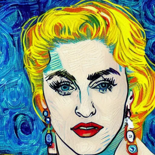 Image similar to an artistic portrait of madonna, high quality, studio photography, colorful, hero, 1 9 8 8, heroic, beautiful, in the style of vincent van gogh