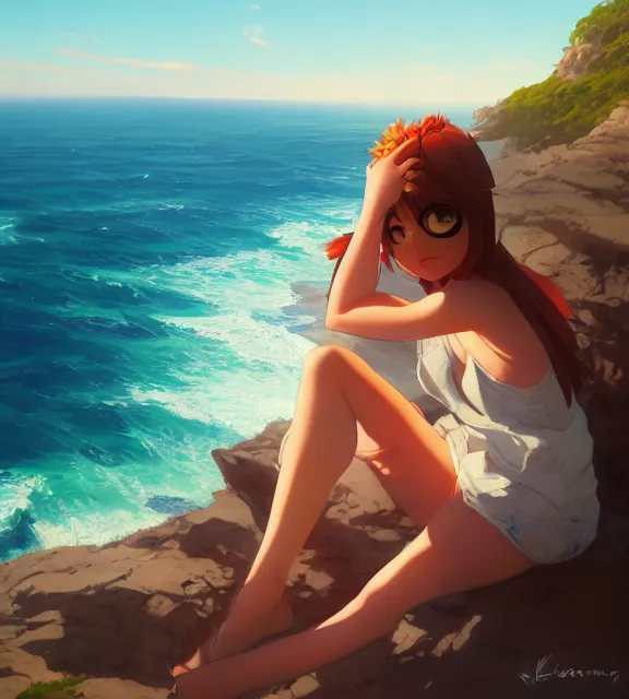 Prompt: a girl sitting on a cliff overlooking a beach. vivid colors, soft lighting, atmospheric, cinematic, moody, in the style of ilya kuvshinov and range murata, krenz cushart, oil on canvas, 8 k