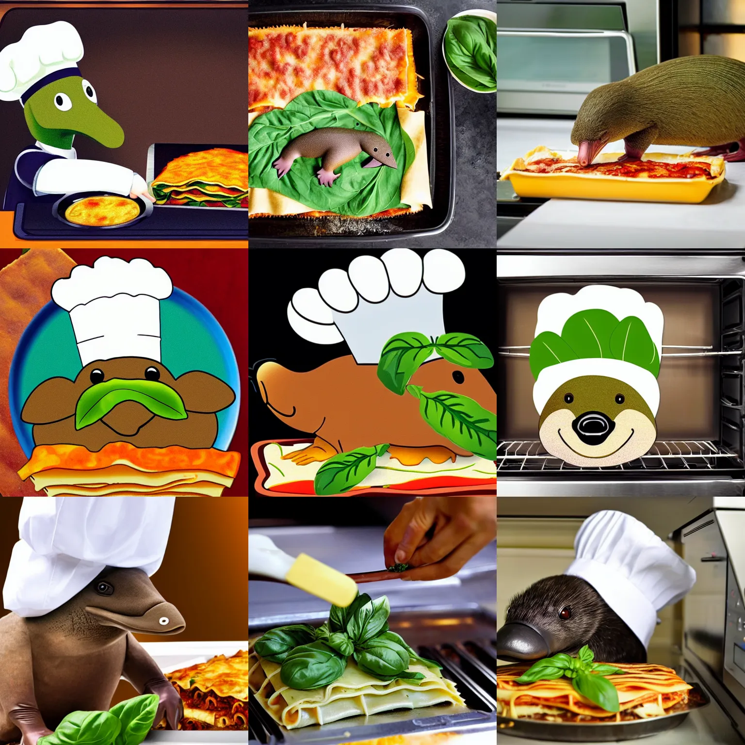 Image similar to platypus wearing a chef hat while putting a lasagna in an oven, with three basil leaves over the lasagna