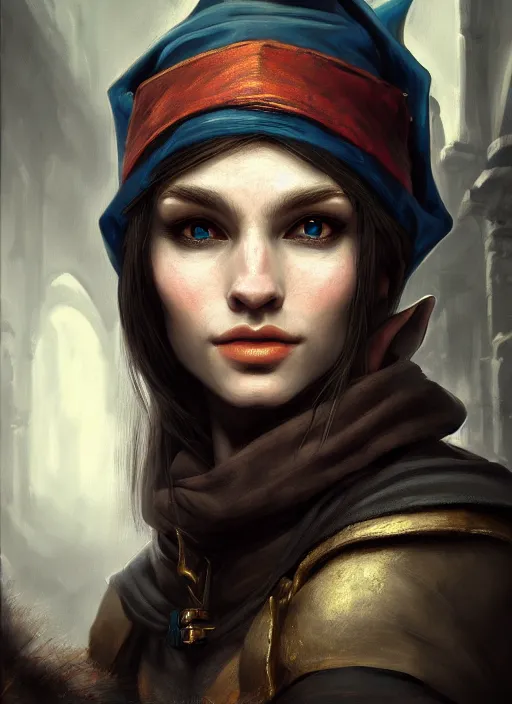 Prompt: portrait of an elf thief, detailed realism face in painting, detailed beautiful portrait, oil painting masterpiece, 8 k resolution, smooth, sharp focus, trending on artstation, by rembrandt